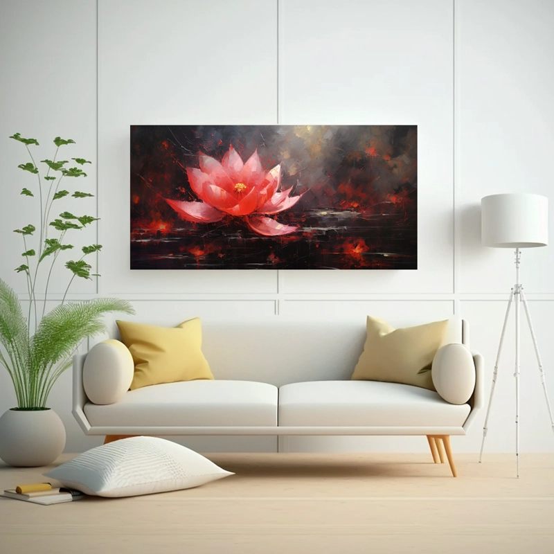CUADRO NEGRO FLOR DE LOTO EN LIENZO, DISEÑO PARA SALA 40X20CM - 2
