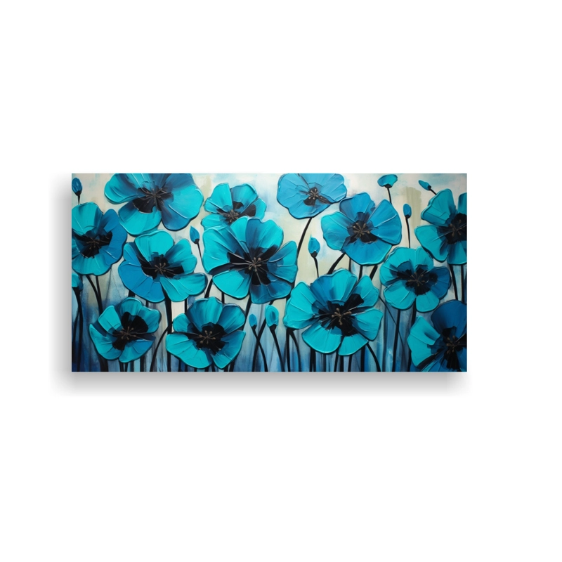 CUADRO PINTURA LÍNEAS TURQUESA Y NEGRAS, FULL COLOR, FLORES EN LIENZO DECORATIVO 40X20CM - 1