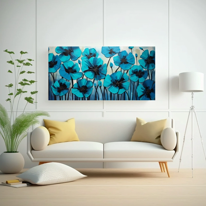 CUADRO PINTURA LÍNEAS TURQUESA Y NEGRAS, FULL COLOR, FLORES EN LIENZO DECORATIVO 40X20CM - 2