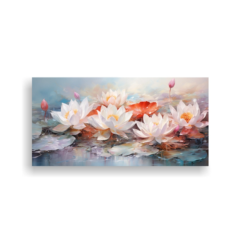 PINTURA ABSTRACTA DE FLORES DE LOTO EN COLORES ROJO Y TURQUESA PARA DECORACIÓN DE COMEDOR 100X50CM - 1