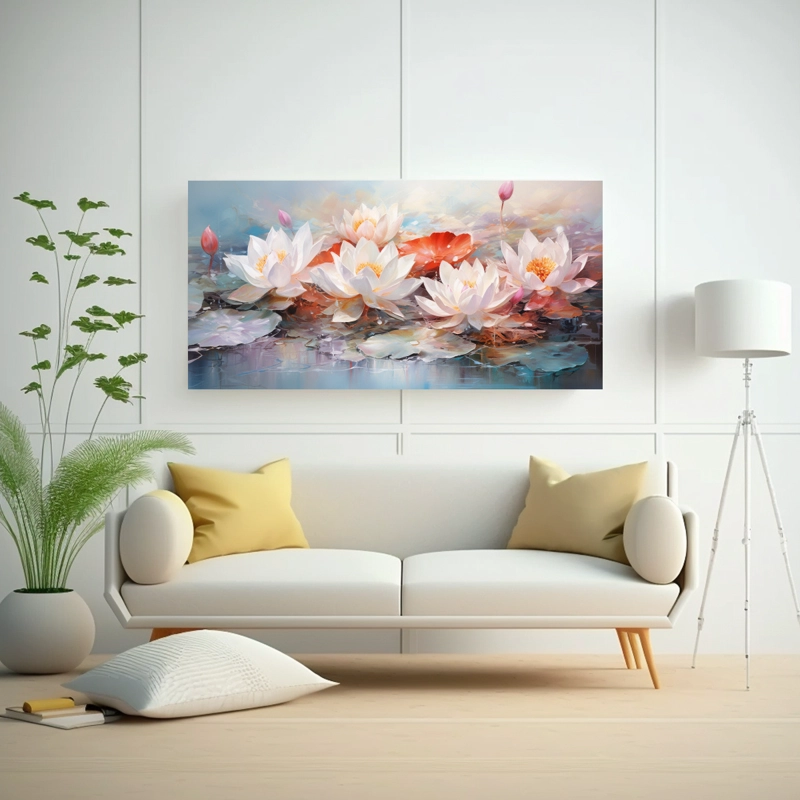 PINTURA ABSTRACTA DE FLORES DE LOTO EN COLORES ROJO Y TURQUESA PARA DECORACIÓN DE COMEDOR 100X50CM - 2