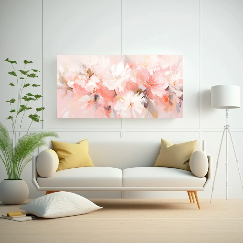 CUADRO FORMA BONITO: PINTURA DE FLORES BLANCAS Y ROSAS EN LIENZO 100X50CM - 2