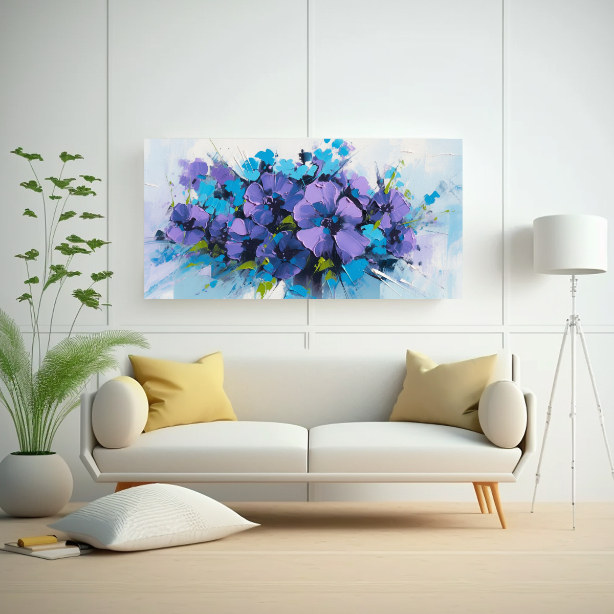 PINTURA EN LIENZO FLORAL EN COLORES PÚRPURA Y CIAN PARA DECORACIÓN 100X50CM - 2