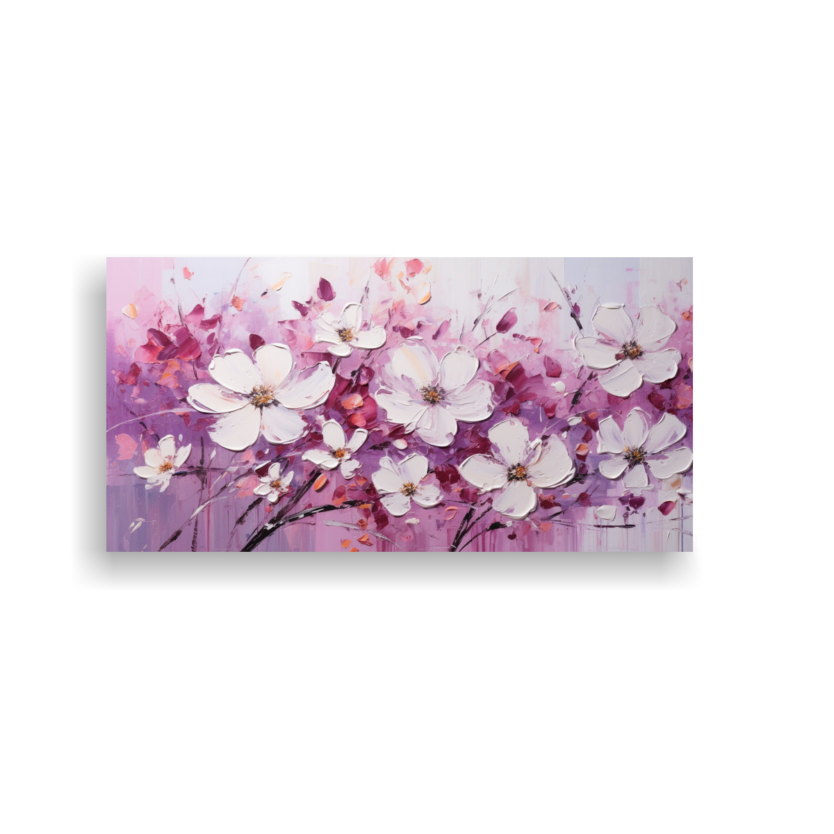 TELA EN BASTIDOR VANGUARDIA ELEGANTE CON FLORES BLANCAS Y MAGENTAS EN PINTURA SOBRE LIENZO 140X70CM - 1