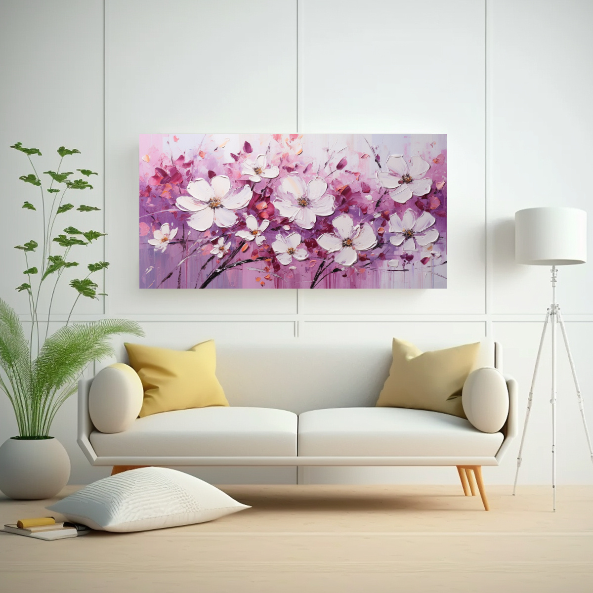 TELA EN BASTIDOR VANGUARDIA ELEGANTE CON FLORES BLANCAS Y MAGENTAS EN PINTURA SOBRE LIENZO 140X70CM - 2