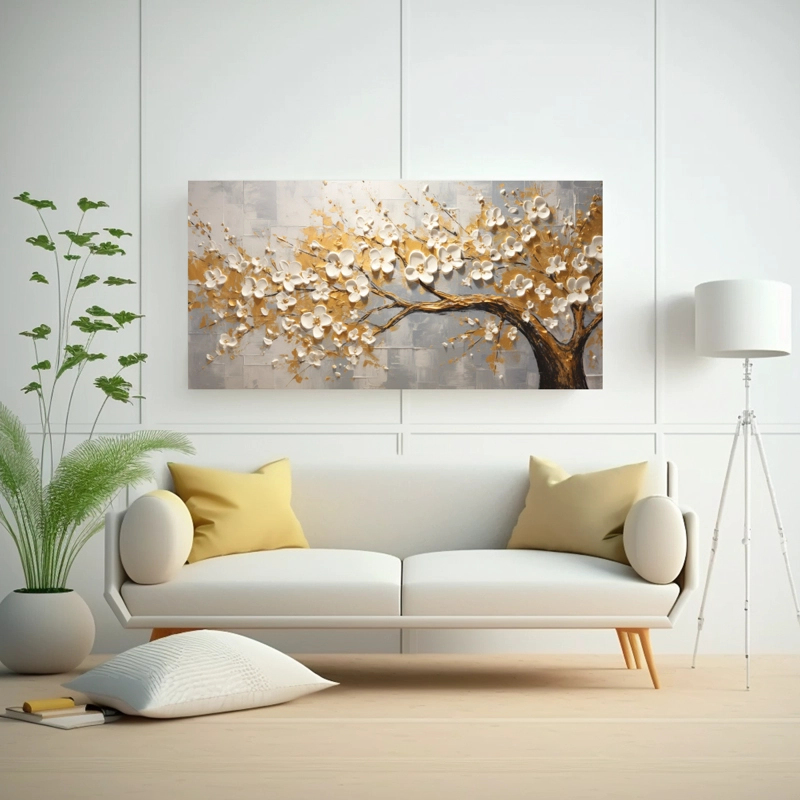CUADRO LIENZO SUBLIMADO IMPACTO VISUAL, PINTURA DE FLORES DE CEREZO DORADO EN TELA 60X30CM - 2
