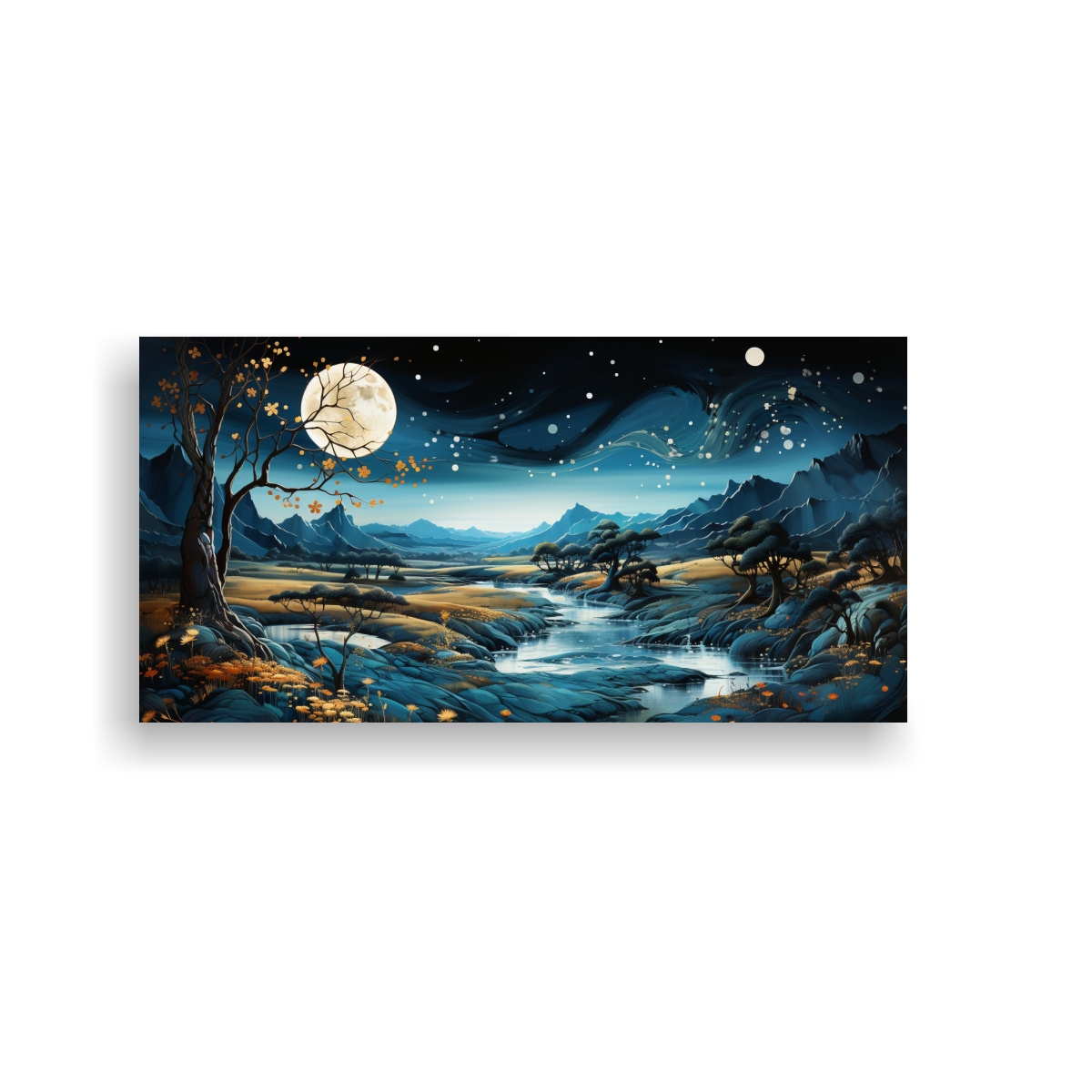 TELA EN BASTIDOR IMAGEN COLORIDO CON LUNA Y MONTAÑAS 140X70CM - 1