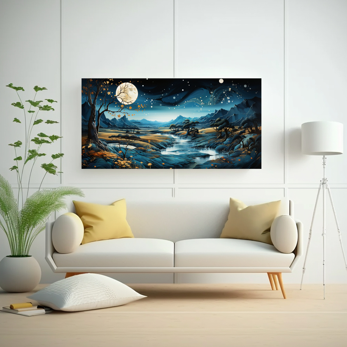 TELA EN BASTIDOR IMAGEN COLORIDO CON LUNA Y MONTAÑAS 140X70CM - 2