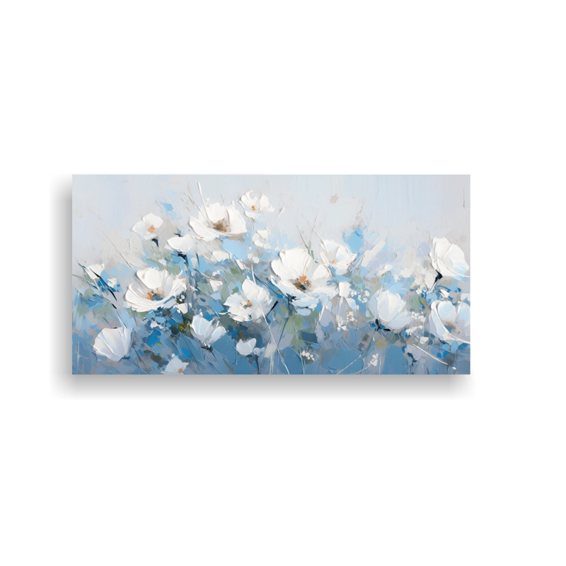 CUADRO COMPOSICIÓN ÚNICO EN LIENZO BLANCO Y AZUL CON FLORES EN LA DECORACIÓN 100X50CM - 1