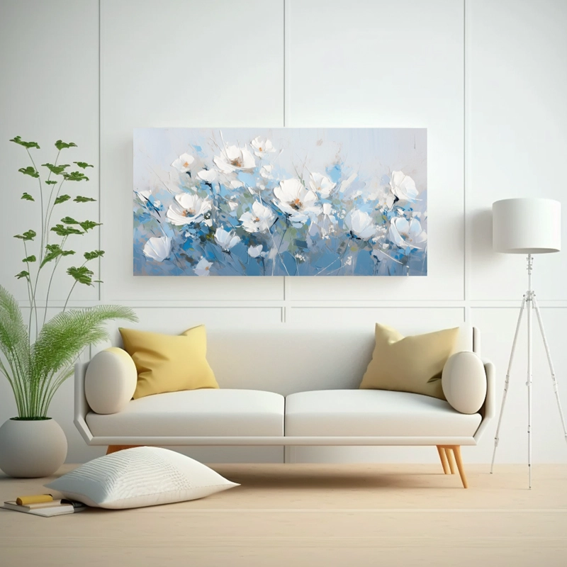 CUADRO COMPOSICIÓN ÚNICO EN LIENZO BLANCO Y AZUL CON FLORES EN LA DECORACIÓN 100X50CM - 2