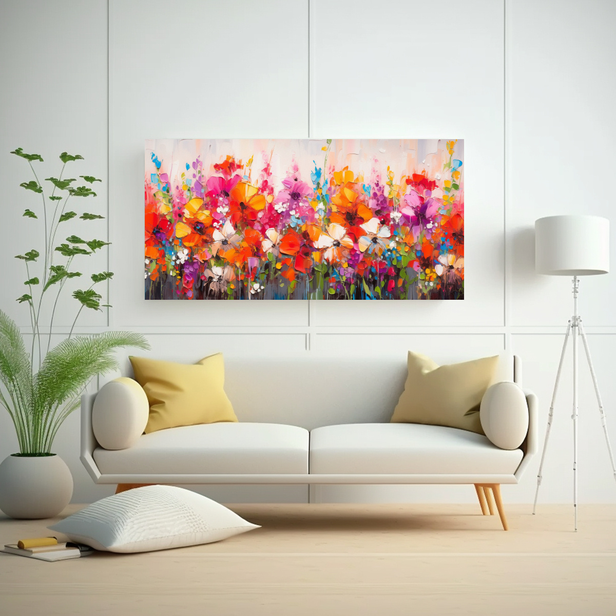PINTURA ORIGINAL FLORES ARCOÍRIS EN LIENZO ESTILO LLUVIA 40X20CM - 2