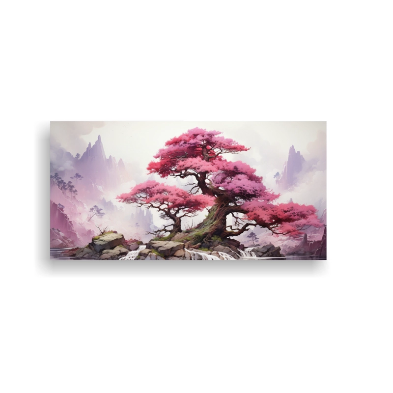 CUADRO ABSTRACCIÓN EXCLUSIVO ÁRBOL BONSÁI DE ABETO DORADO Y COLORES ROSADOS PINTURA ABS 80X40CM - 1