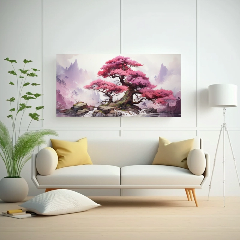 CUADRO ABSTRACCIÓN EXCLUSIVO ÁRBOL BONSÁI DE ABETO DORADO Y COLORES ROSADOS PINTURA ABS 80X40CM - 2