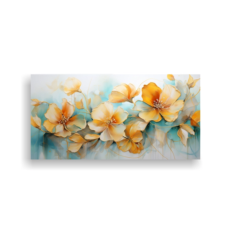 PINTURA ABSTRACTA ESQUEMA ESPECTACULAR FLORES TURQUESA Y ORO 120X60CM - 1