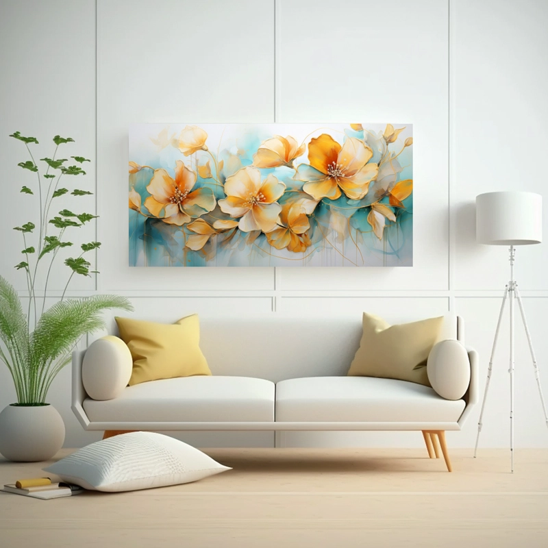 PINTURA ABSTRACTA ESQUEMA ESPECTACULAR FLORES TURQUESA Y ORO 120X60CM - 2