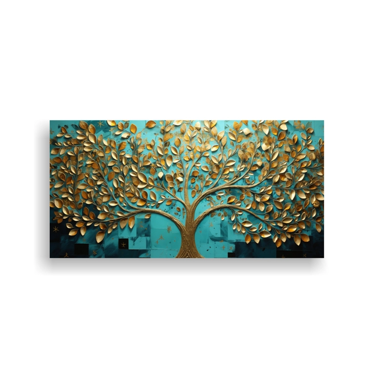 CUADRO DECORATIVO ÁRBOL TURQUESA Y ORO EN IMAGEN LINDA 60X30CM - 1