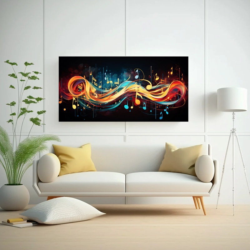 CUADRO MODERNO ABSTRACTO DE SALÓN NOTAS MUSICALES FLUYENDO EN ARMONÍA RÍTMICA. 100X50CM - 2