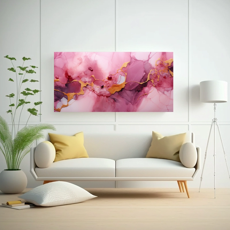 CUADRO DE TELA ABSTRACTO MÁRMOL ROSA Y DORADO INSPIRACIÓN ALEGRÍA 40X20CM - 2