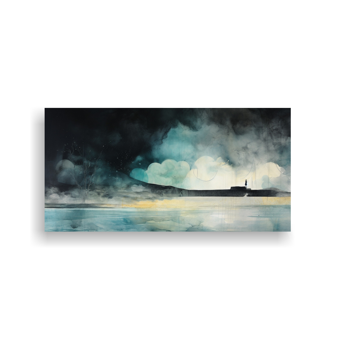 PINTURA ÚNICA ESTILO GALERÍA EN NEGRO, TURQUESA Y PLATA CON ACUARELA. 140X70CM - 1