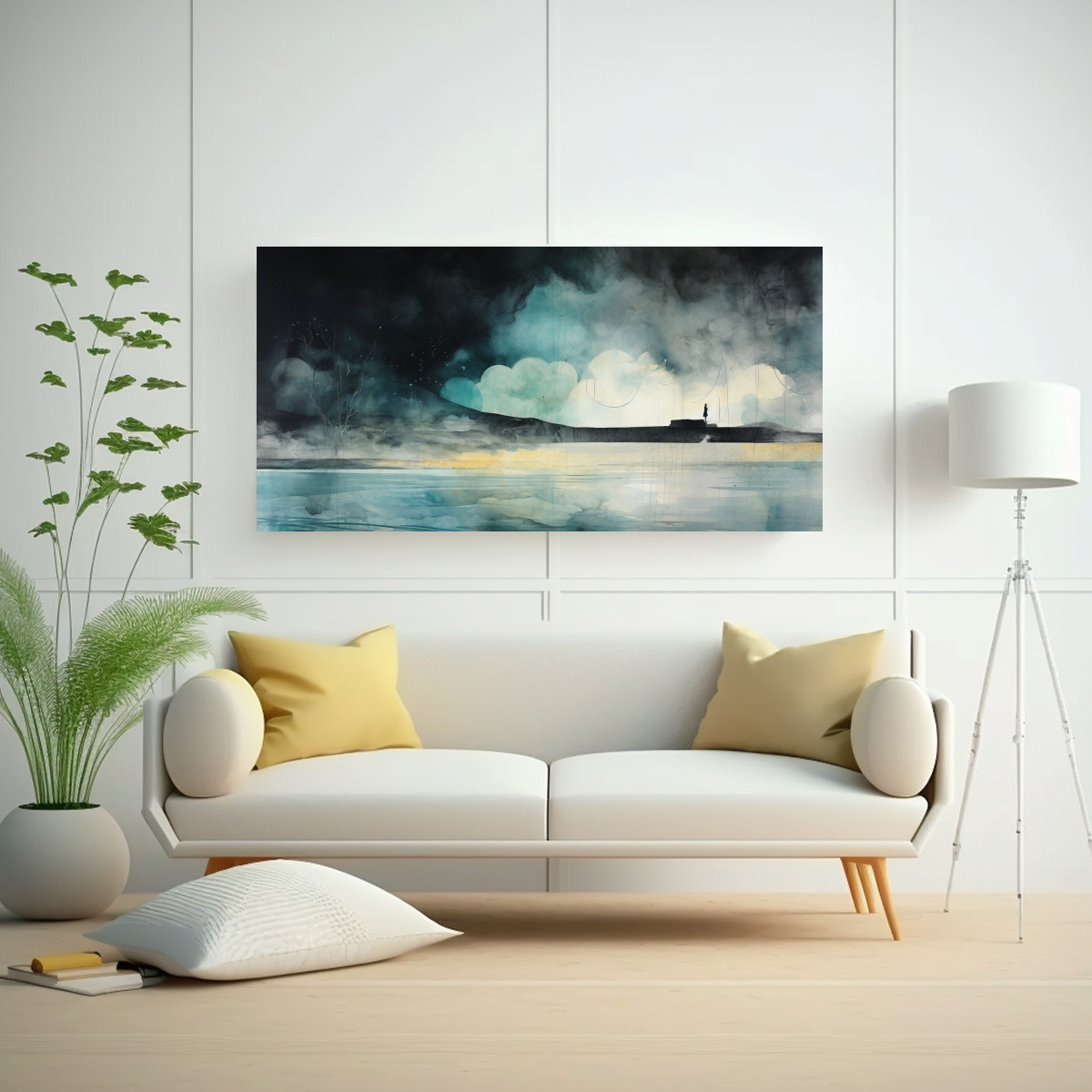 PINTURA ÚNICA ESTILO GALERÍA EN NEGRO, TURQUESA Y PLATA CON ACUARELA. 140X70CM - 2