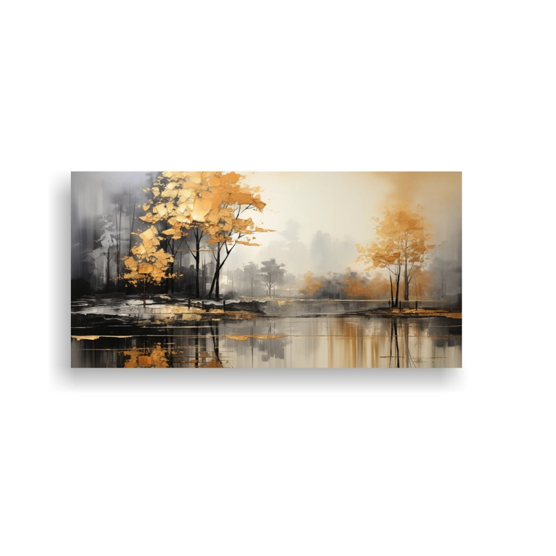 PINTURA ABSTRACTA DE ÁRBOLES EN PLATA Y ORO CON FINAS LÍNEAS ALEGRES 100X50CM - 1