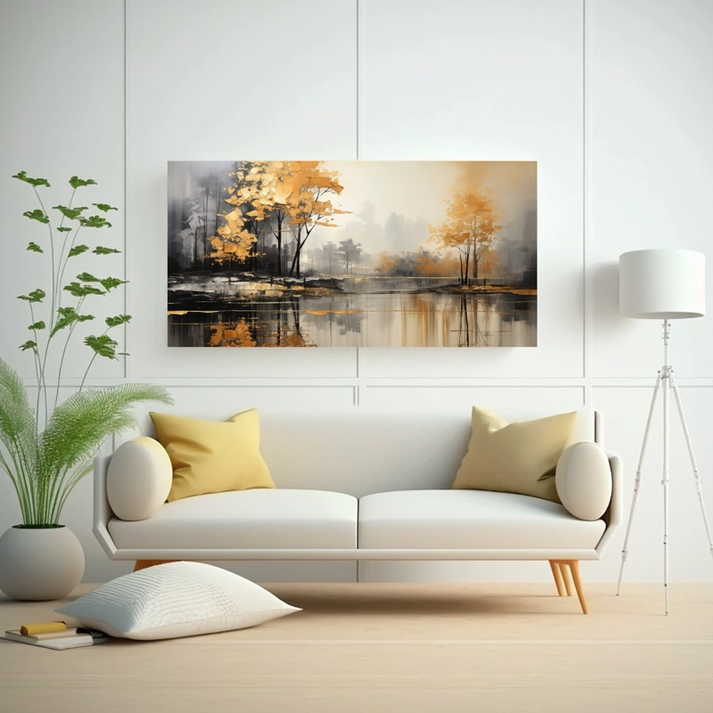 PINTURA ABSTRACTA DE ÁRBOLES EN PLATA Y ORO CON FINAS LÍNEAS ALEGRES 100X50CM - 2