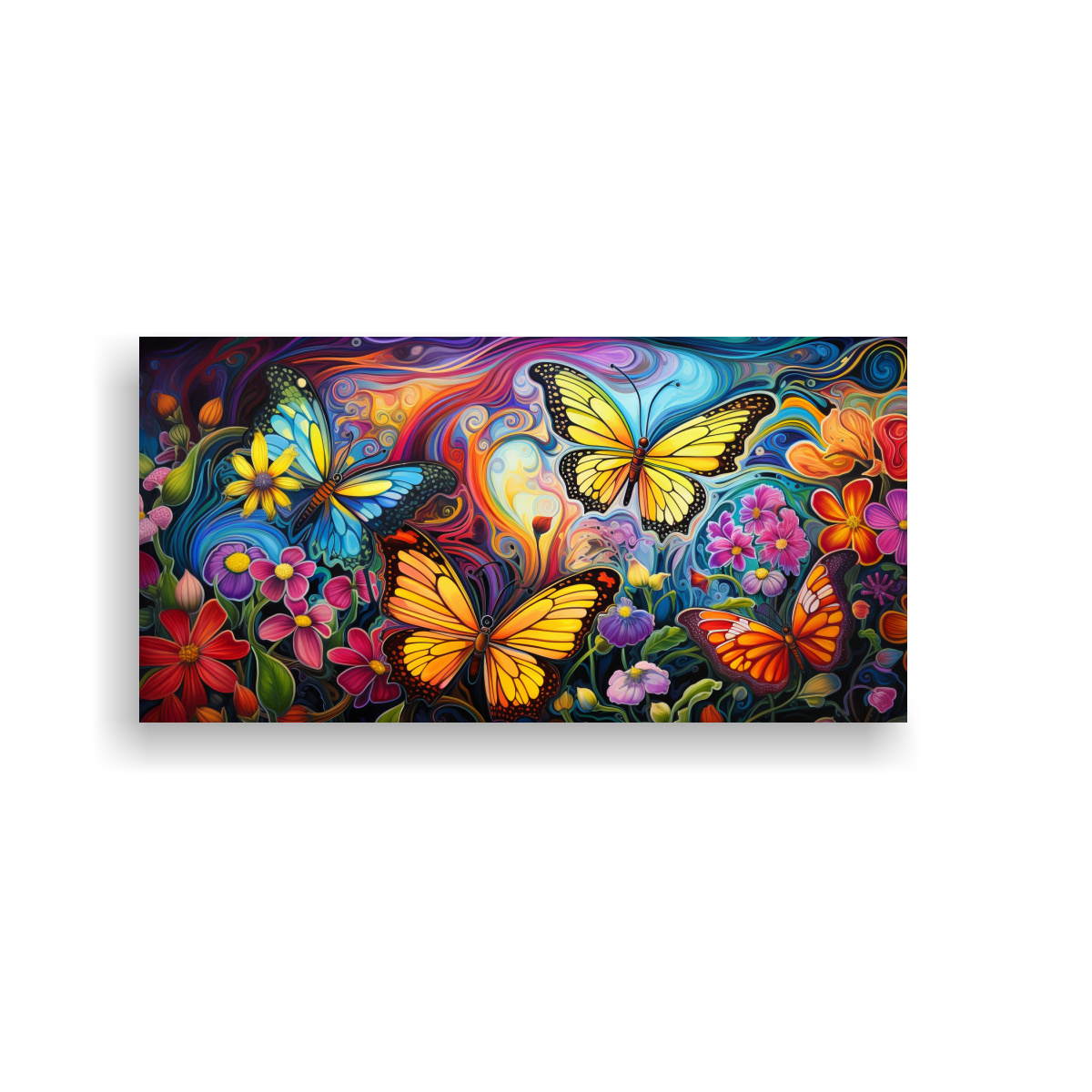 PINTURAS DECORATIVAS DE TRES MARIPOSAS PSICODÉLICAS Y FLORES 80X40CM - 1