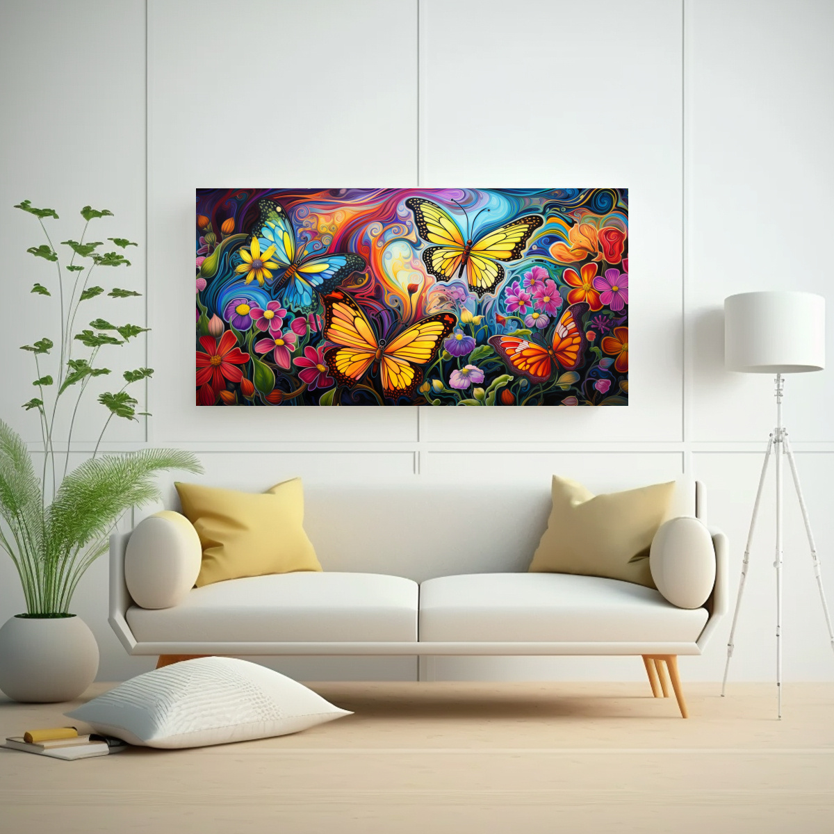 PINTURAS DECORATIVAS DE TRES MARIPOSAS PSICODÉLICAS Y FLORES 80X40CM - 2