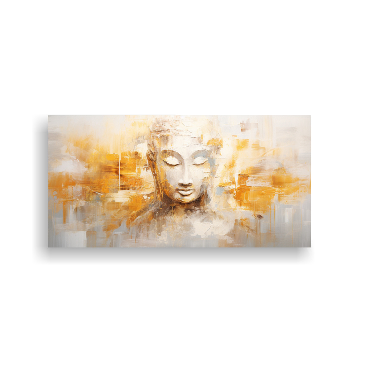 TELA EN BASTIDOR CUADRO INTENSIDAD ROSTRO DE BUDA EN ESTILO ABSTRACTO DORADO Y BLANCO 100X50CM - 1