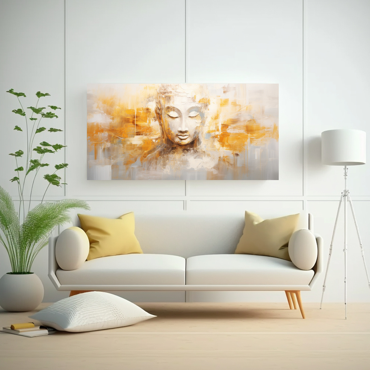 TELA EN BASTIDOR CUADRO INTENSIDAD ROSTRO DE BUDA EN ESTILO ABSTRACTO DORADO Y BLANCO 100X50CM - 2