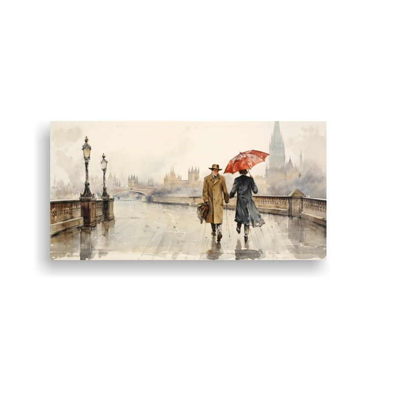 CUADRO DE TELA CÁLIDO Y CONMOVEDOR DE UN HOMBRE Y UNA MUJER CAMINANDO EN EL PUENTE DE LON 80X40CM - 1