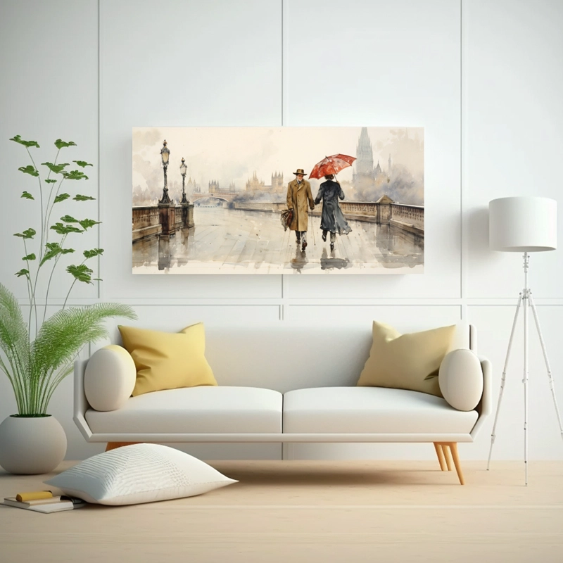 CUADRO DE TELA CÁLIDO Y CONMOVEDOR DE UN HOMBRE Y UNA MUJER CAMINANDO EN EL PUENTE DE LON 80X40CM - 2