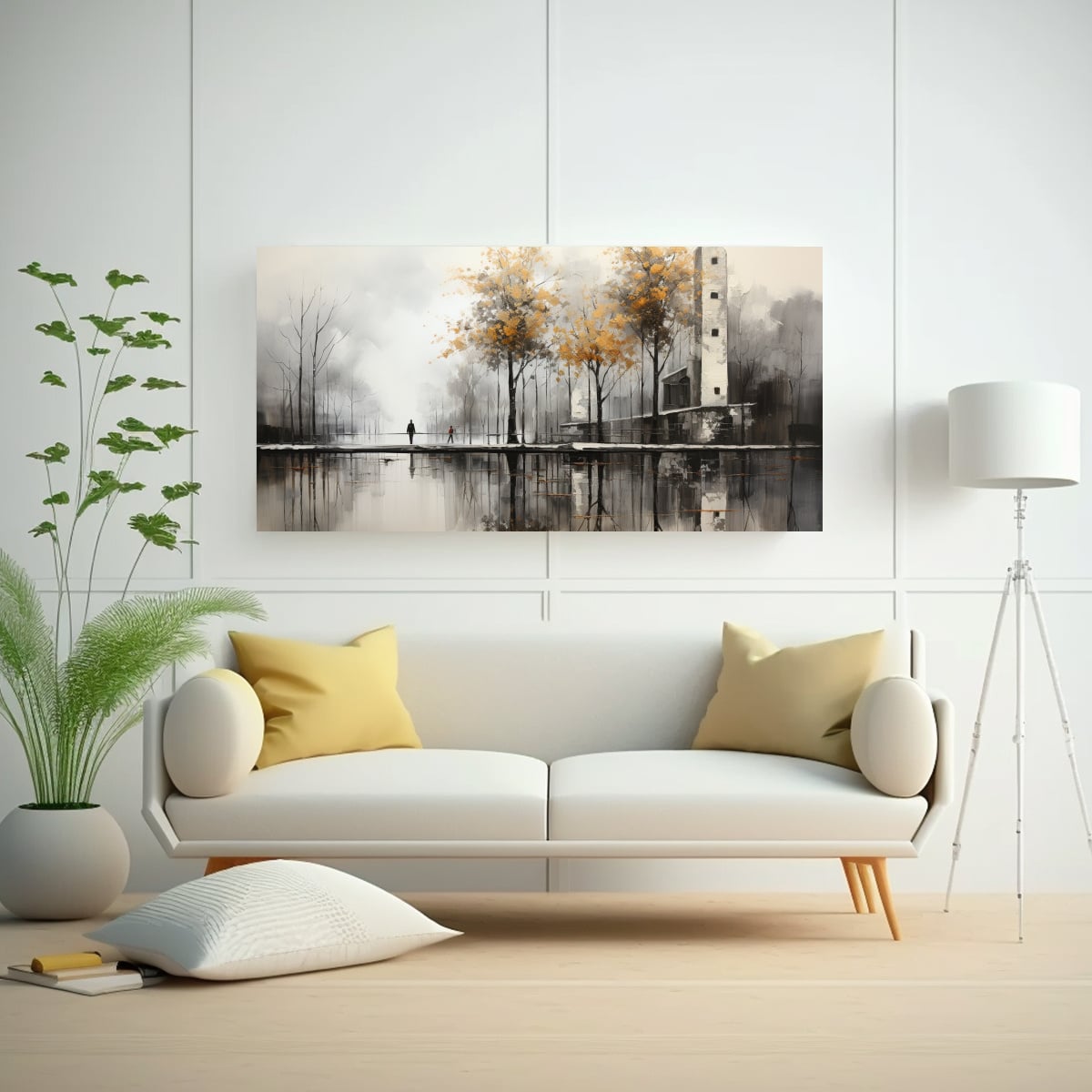 CUADRO ABSTRACTO DE ÁRBOLES EN PLATA Y BLANCO PARA DECORACIÓN DE PARED 80X40CM - 2