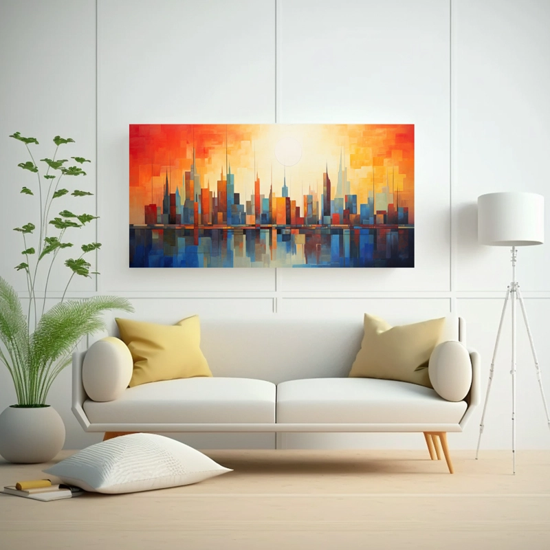 CUADRO COLORES LINEALES REPRESENTACIÓN ABSTRACTA DEL HORIZONTE VIBRANTE DE UNA CIUDAD 100X50CM - 2