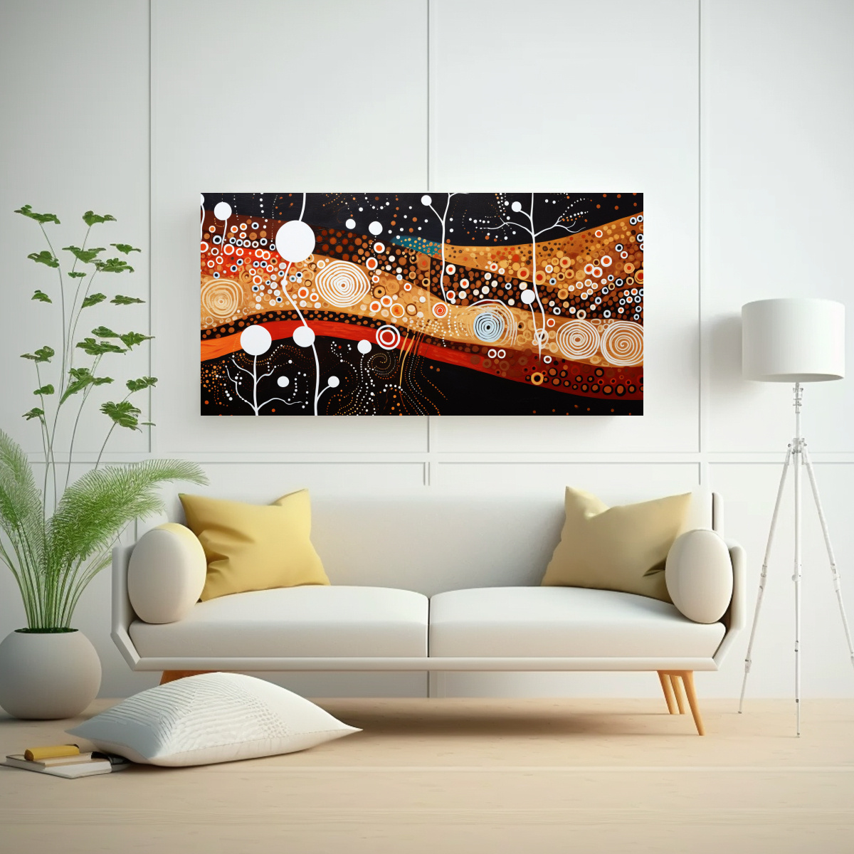 CUADRO ABSTRACTO INSPIRADO EN ARTE ABORIGEN CON FINAS LÍNEAS 60X30CM - 2