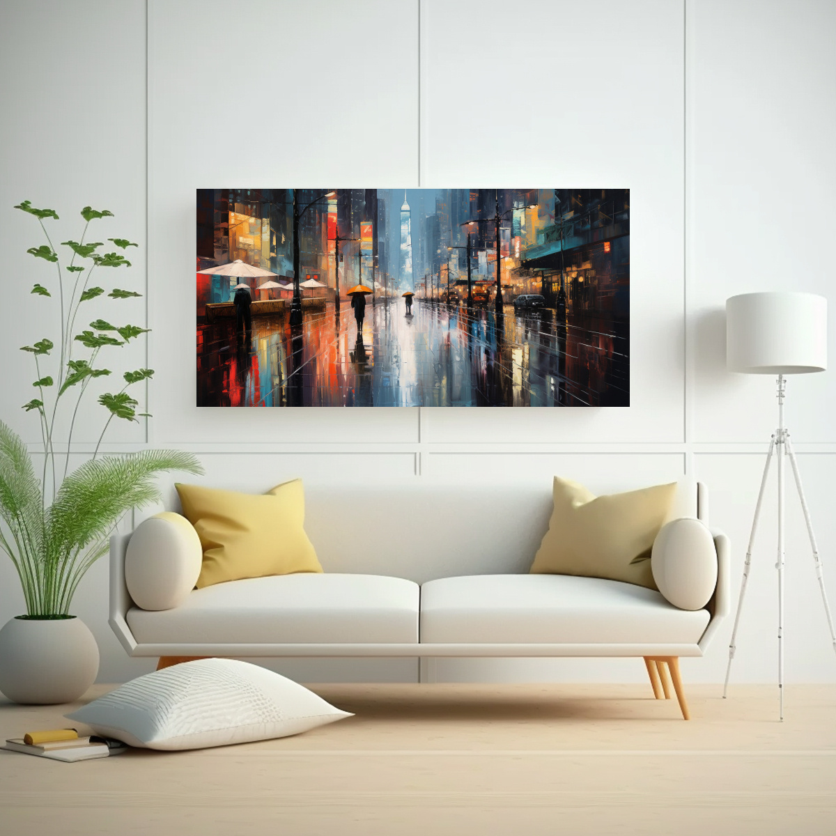 PINTURA DECORATIVA: REFLEJO ABSTRACTO DE LUCES URBANAS EN RASTRILLO. 140X70CM - 2