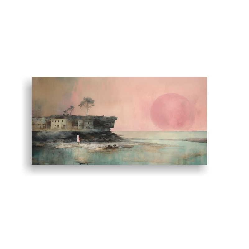 PINTURA CANVA CONCEPTO PARA SALA CON ACUARELA ROSADA, TURQUESA Y PLATEADA 120X60CM - 1