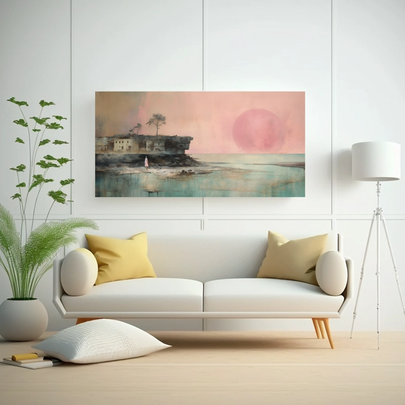 PINTURA CANVA CONCEPTO PARA SALA CON ACUARELA ROSADA, TURQUESA Y PLATEADA 120X60CM - 2