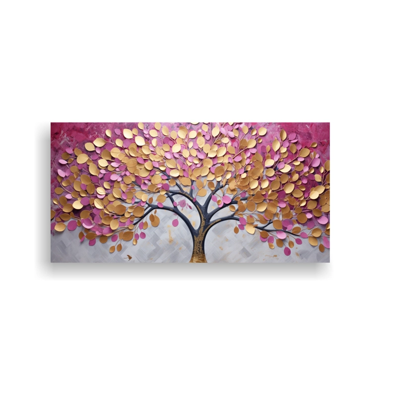 CUADRO INSPIRADOR ÁRBOL ROSA Y DORADO ESTILO PINTURAS DECORATIVAS 60X30CM - 1