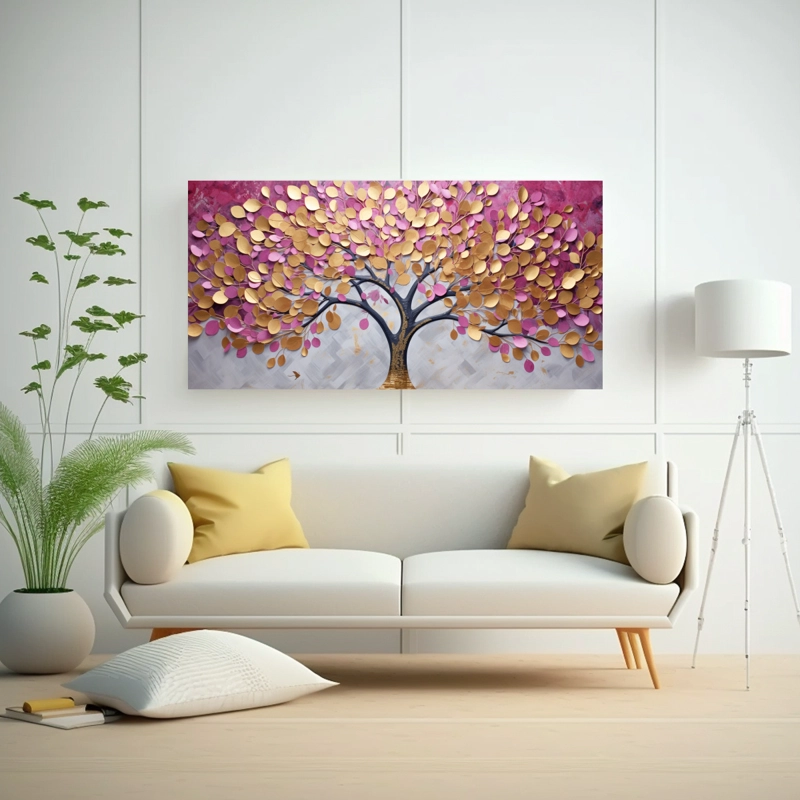 CUADRO INSPIRADOR ÁRBOL ROSA Y DORADO ESTILO PINTURAS DECORATIVAS 60X30CM - 2