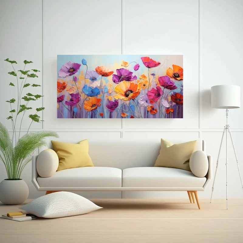 CUADRO MODERNO CON MOTIVOS DE AMAPOLAS MULTICOLOR EN LIENZO PARA DECORACIÓN. 80X40CM - 2