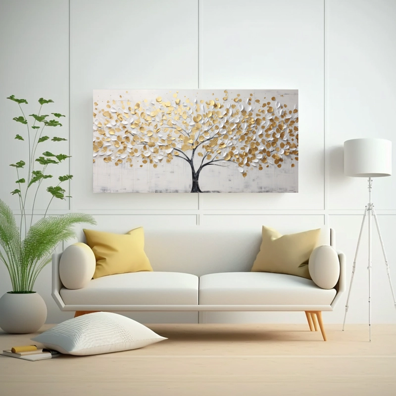 CUADRO DECORATIVO HORIZONTAL DEL ÁRBOL EN BLANCO Y AMARILLO EN PINTURAS DE DECORACIÓN 40X20CM - 2