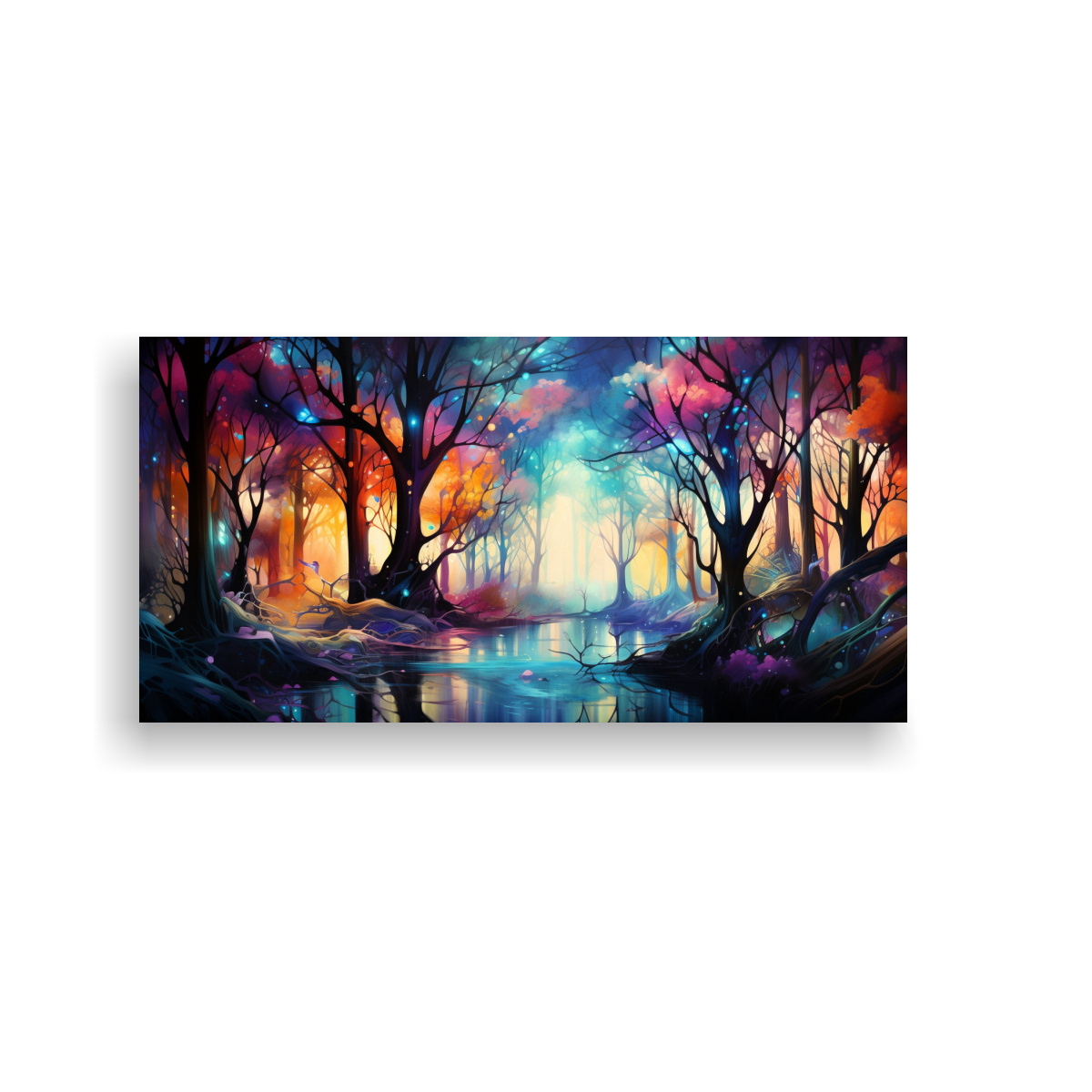 CUADRO DECORATIVO ABSTRACTO DE BOSQUE ENCANTADO EN BRILLOS, TELA EN BASTIDOR INSPIRADOR. 80X40CM - 1