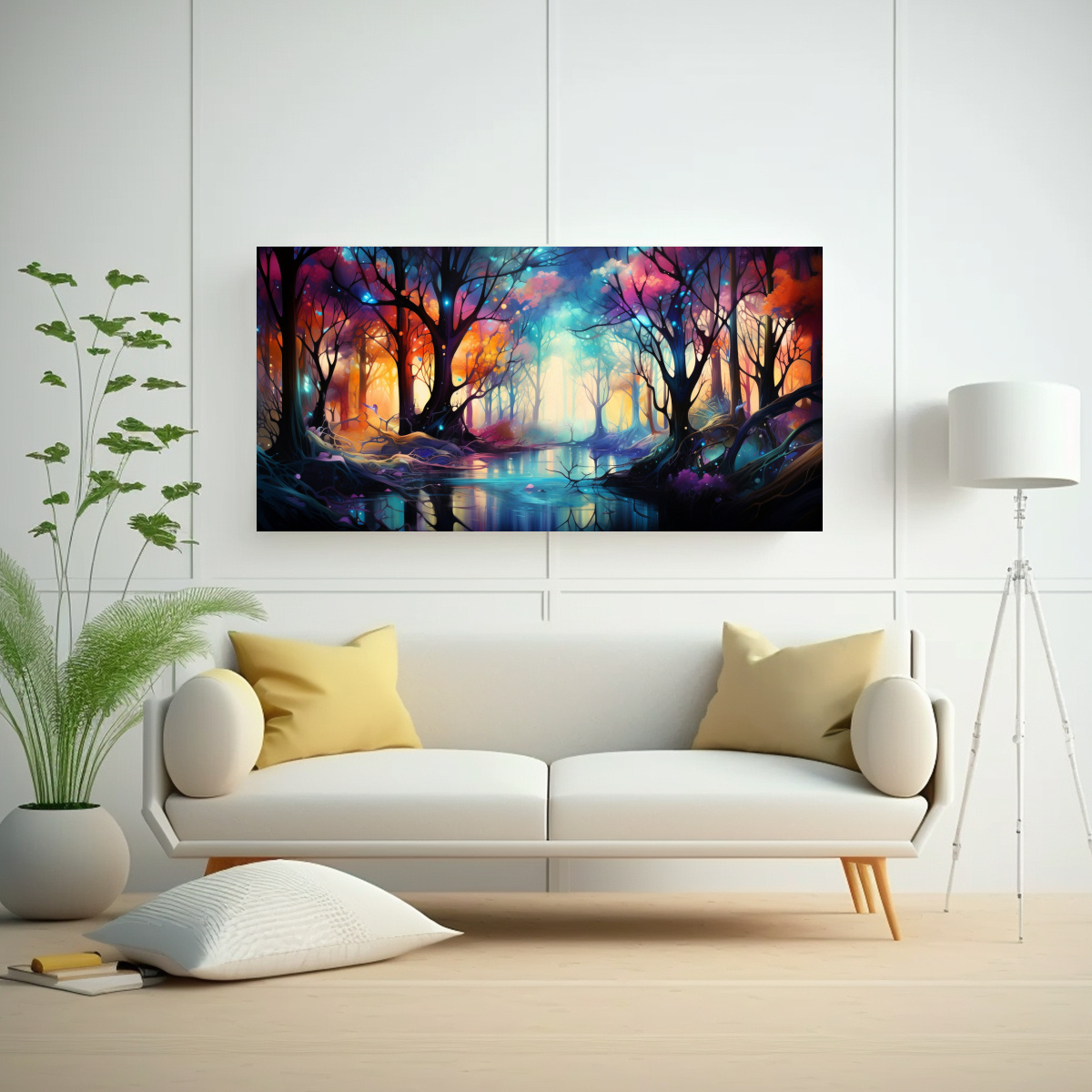 CUADRO DECORATIVO ABSTRACTO DE BOSQUE ENCANTADO EN BRILLOS, TELA EN BASTIDOR INSPIRADOR. 80X40CM - 2