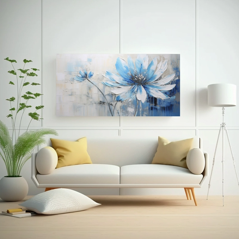 CUADRO DECORATIVO DE FLOR AZUL EN LIENZO ESTILO EFECTO VISUAL 40X20CM - 2