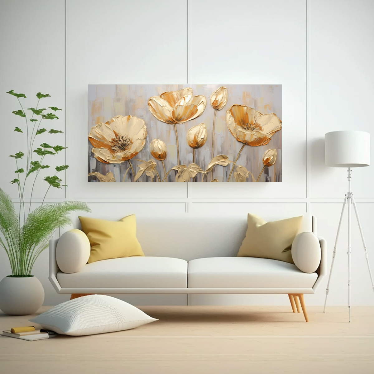 ARTE DE ALTA CALIDAD PARA COCINA: PINTURA EN LIENZO ESTILO TULIPANES DORADOS. 60X30CM - 2