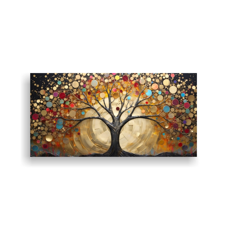 CUADRO DECORATIVO DE ÁRBOL DORADO Y ARCOÍRIS EN BASTIDOR PARA DORMITORIO 100X50CM - 1