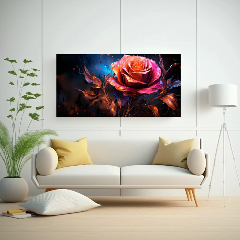 PINTURA DE PARED ABSTRACTA DIGITAL DE UNA FLOR ROSA EXUBERANTE QUE IRRADIA MOVIMIENTO 140X70CM - 2