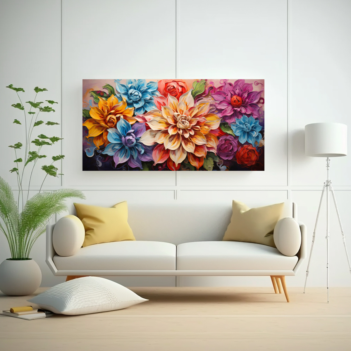 CUADRO DE FLORES EN COLORES DEL ARCOÍRIS PINTADO EN LIENZO PARA DECORACIÓN 160X80CM - 2