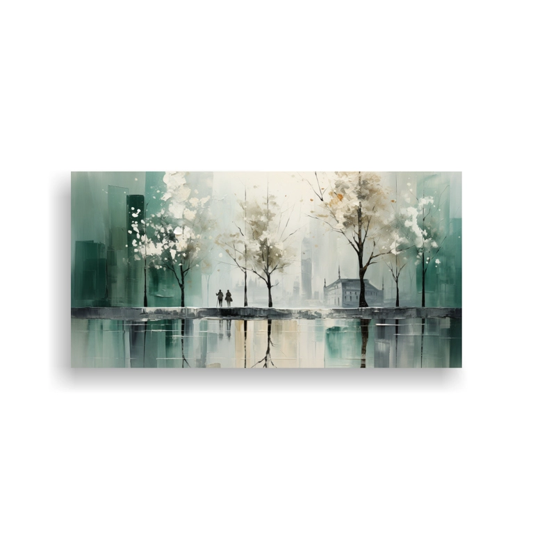 CUADRO ABSTRACTO ÁRBOLES EN PLATA Y BLANCO DE ARTE TEMA URBANO 140X70CM - 1